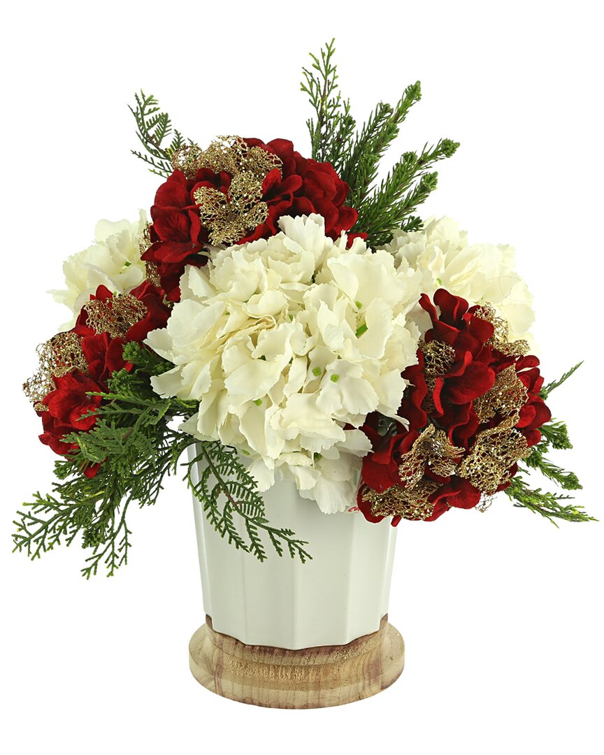 Creative Displays Holiday Arrangement With Red Hydrangeas & Evergreen In White