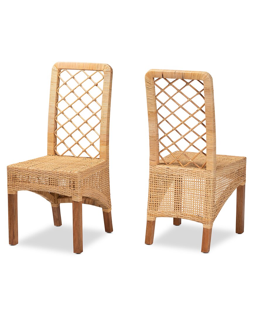 Baxton Studio Moscow Rattan And Wood 2pc Dining Chair Set In Brown
