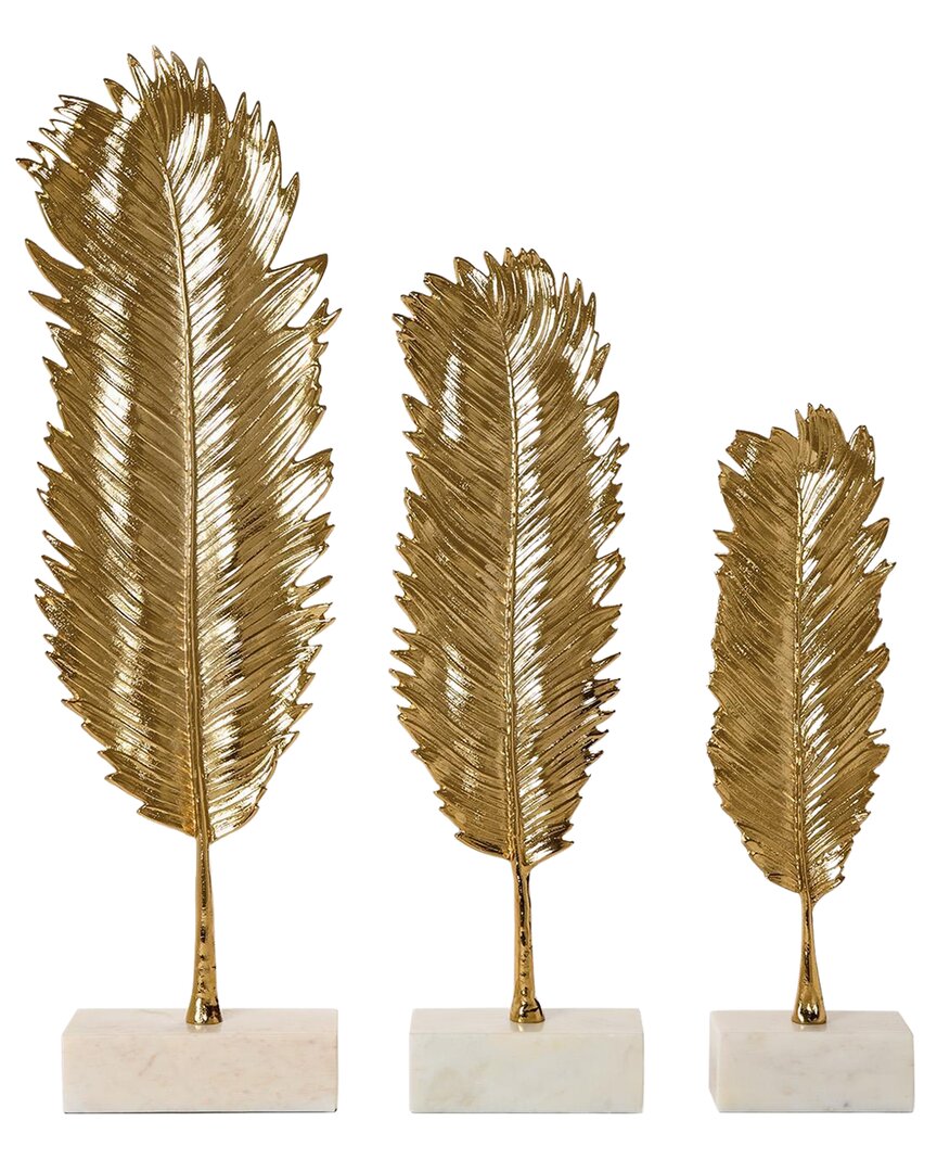 Tozai Home Set Of 3 Feather Leaf Sculpture On Marble Base In Gold