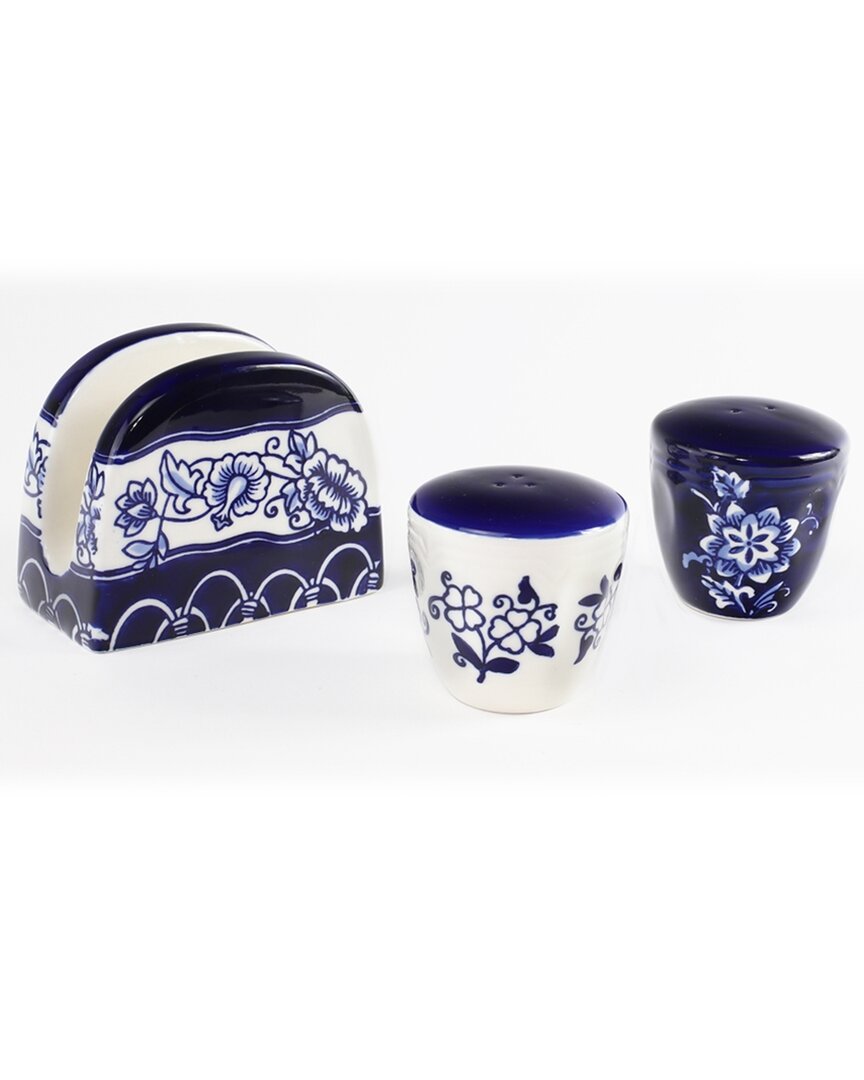 Euro Ceramica Blue Garden Table Accessory Set (salt And Pepper Shakers & Napkin Holder)