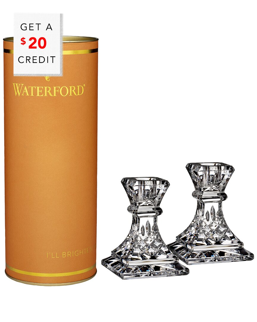 WATERFORD GIFTOLOGY LISMORE SET OF TWO 4IN CANDLESTICKS WITH $20 CREDIT