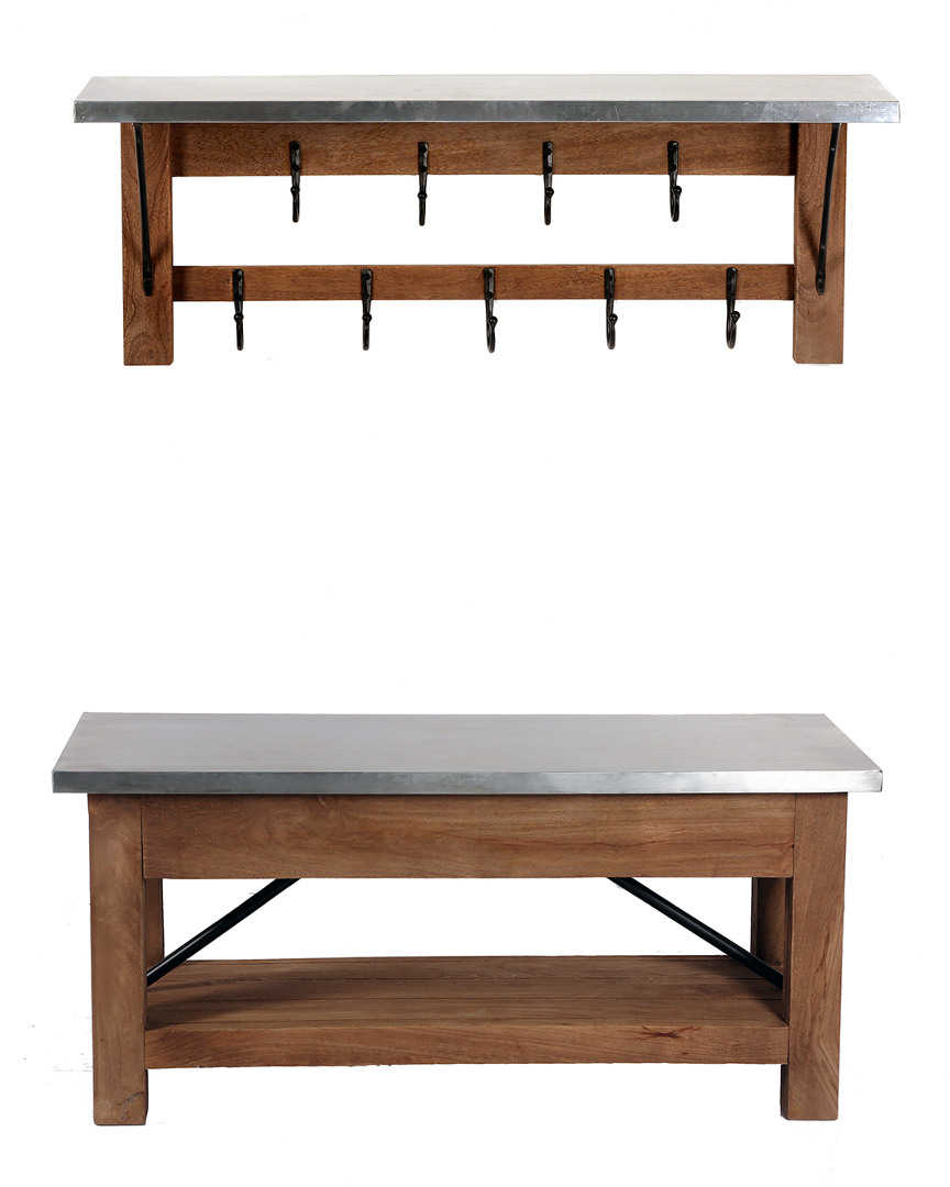 Alaterre Millwork 40in Wood And Zinc Metal Bench With Open Coat Hook Shelf