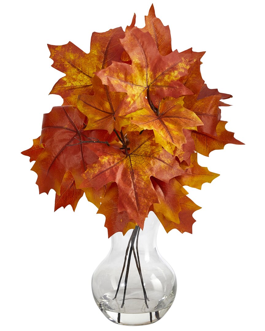Nearly Natural 18in Autumn Maple Leaf Artificial Plant In Glass Planter In Orange