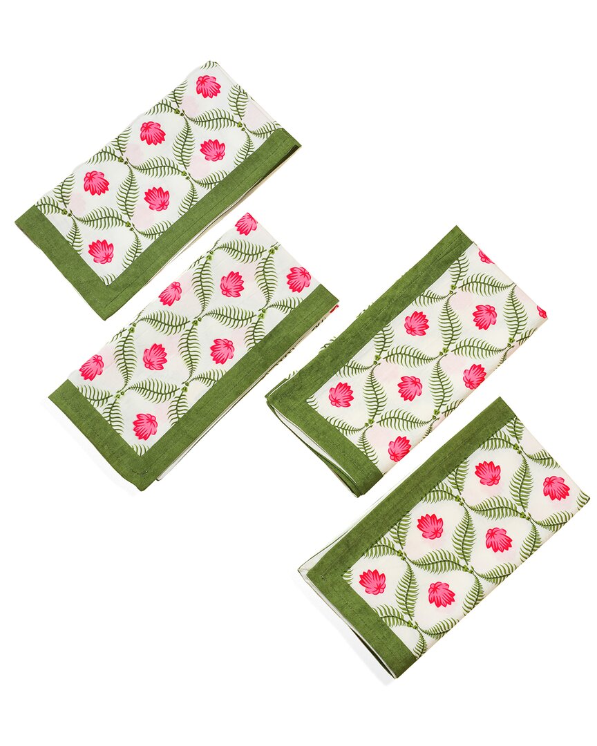 Tiramisu Set Of 4 Lotus Garden Block Print Napkins In Green