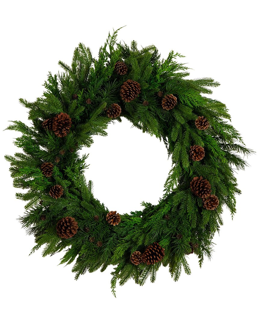 Nearly Natural Artificial Norfolk Mixed Pine 30 Wreath With Pinecones In Green