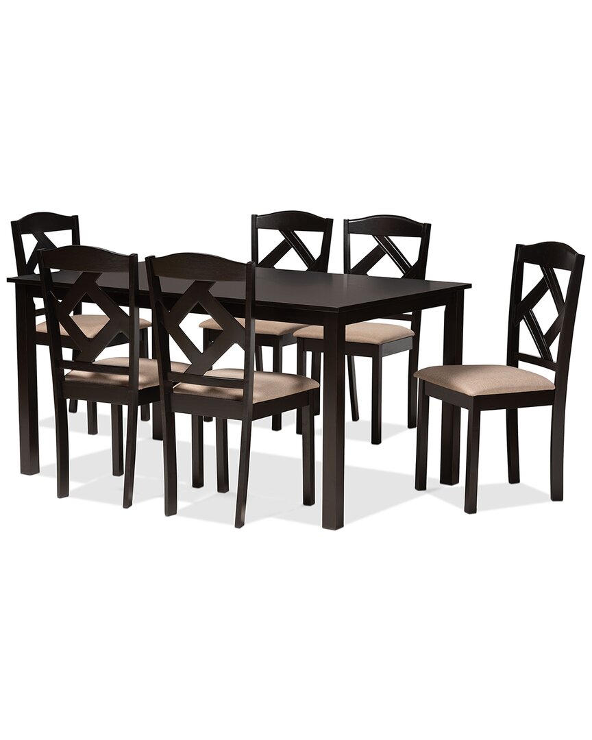 Design Studios Ruth Sand Fabric Upholstered & Dark Brown Finished Wood 7-piece Dining Set
