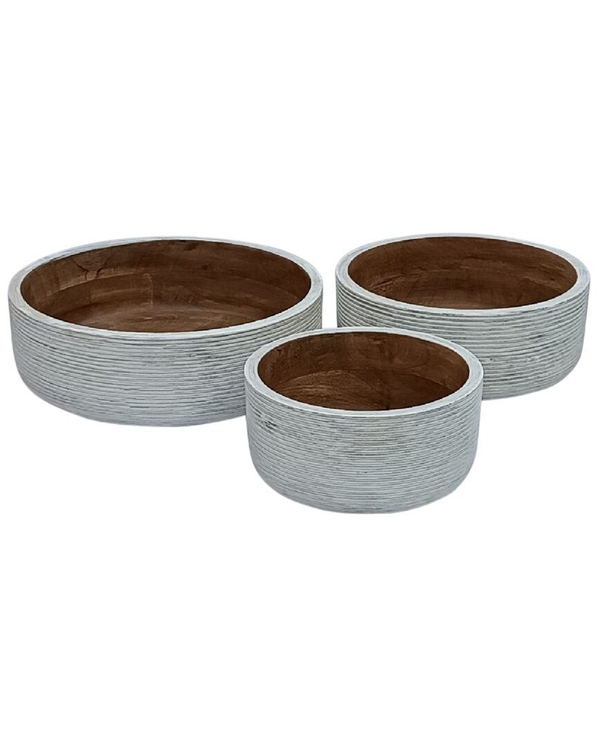 Bidkhome Set Of 3 Wooden Round Bowls With Ribs In White