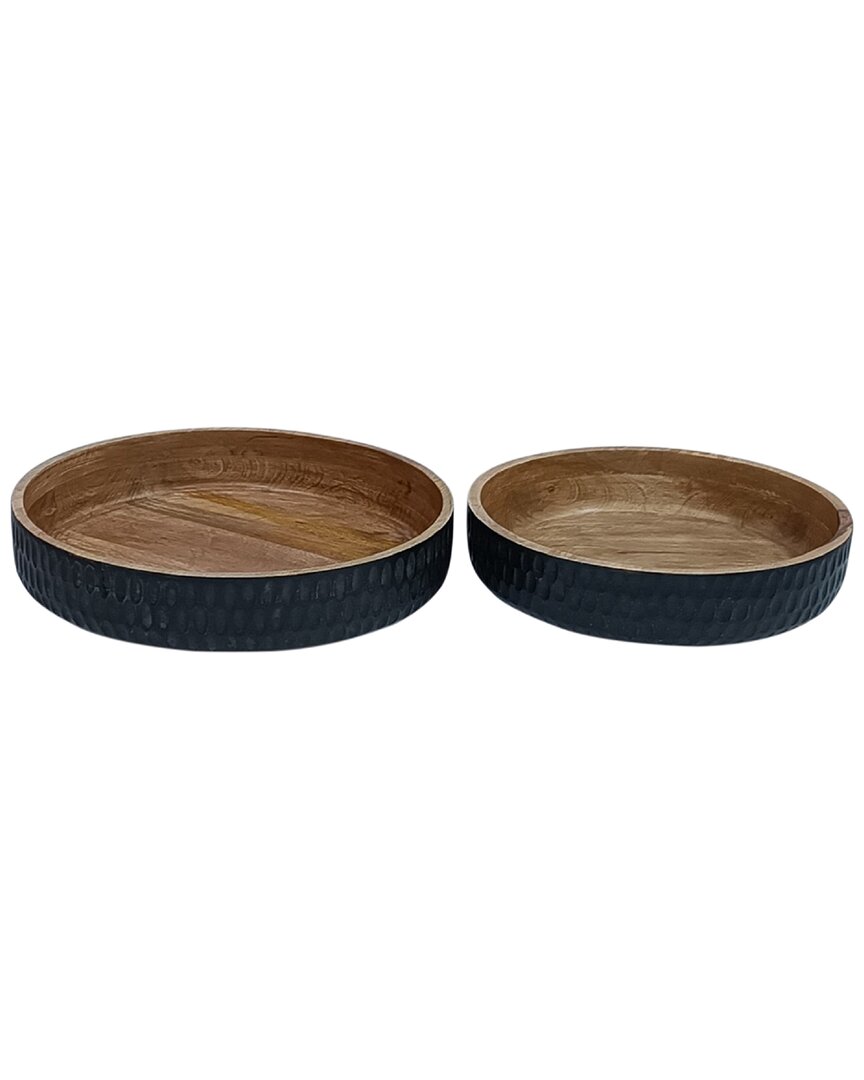 Bidkhome Set Of 2 Wooden Carved Bowls With Base In Black