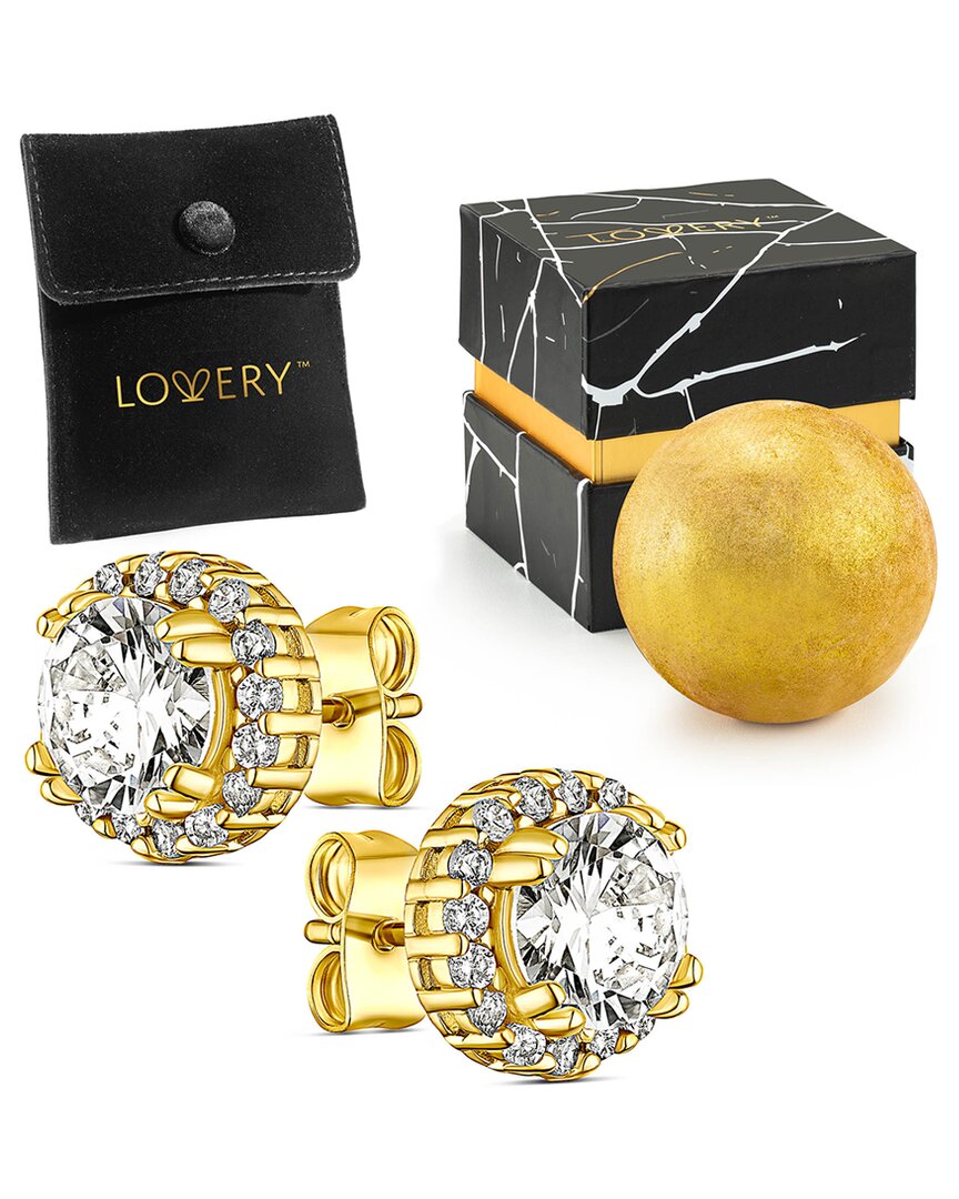 Lovery 14k Plated Halo Cz Stud Earring Set With Pouch In Multi