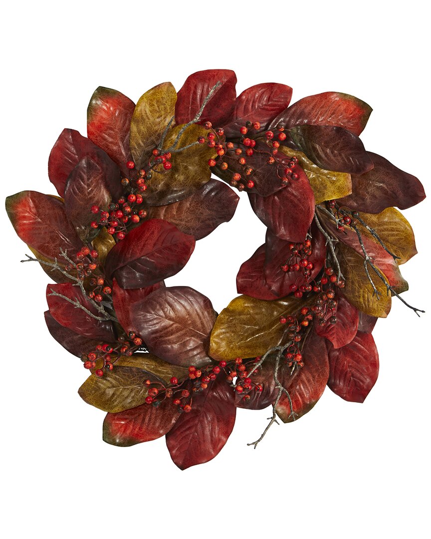 Nearly Natural 24in Harvest Magnolia Leaf & Berries Artificial Wreath In Burgundy