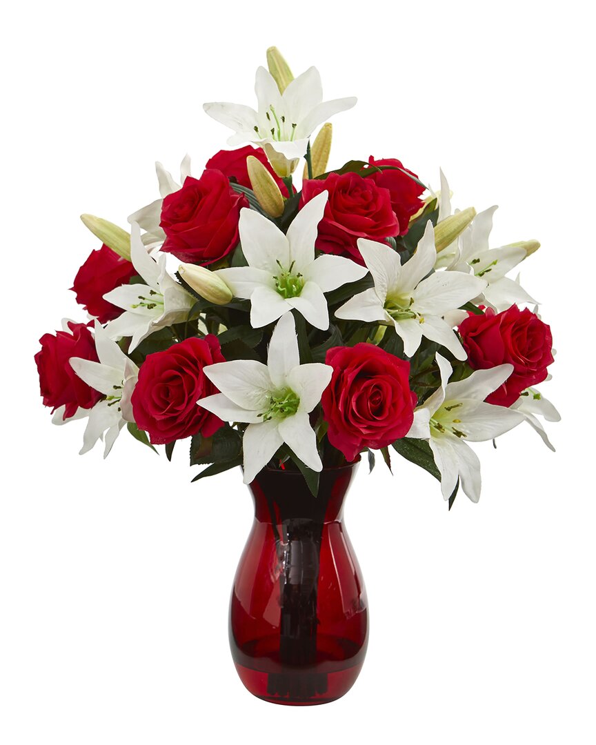 Nearly Natural Roses & Lilies Artificial Arrangement In Red Vase