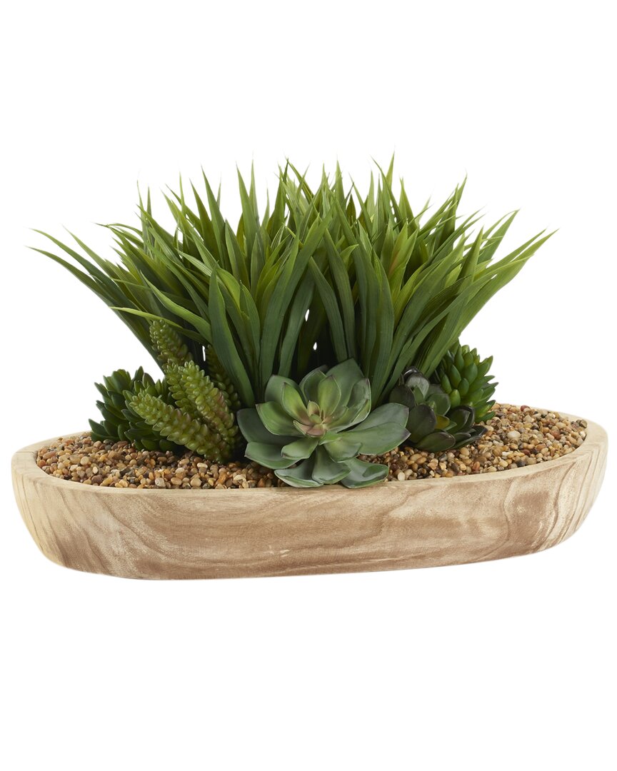 D&w Silks Lily Grass, Echeveria, And Succulents In Oval Wooden Bowl In Green