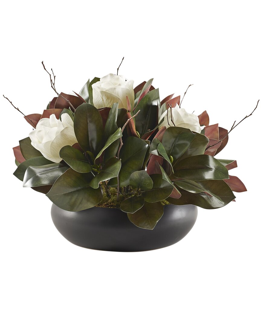 D&w Silks Magnolia Stems With Birch Tops In Simply Low Black Bowl In Green