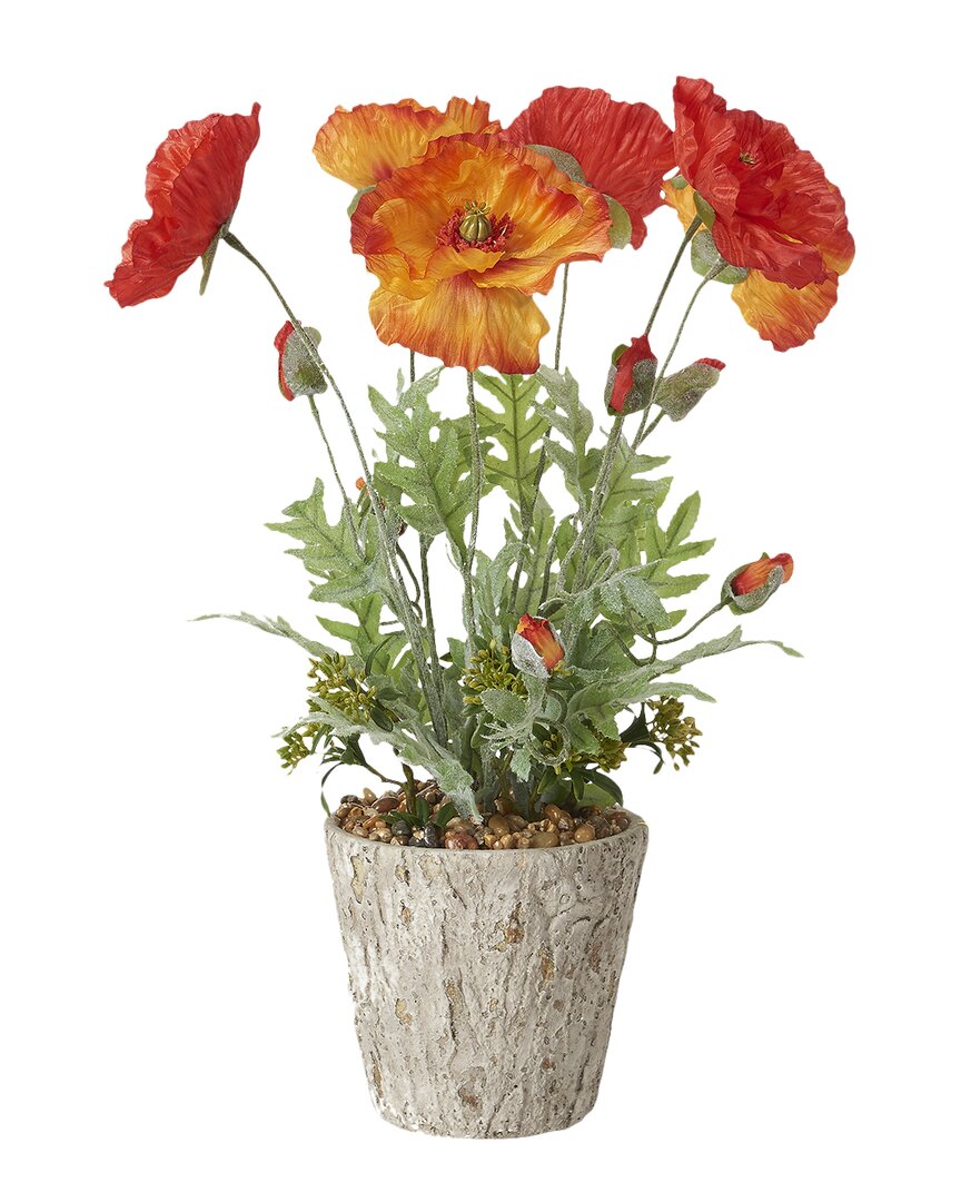 D&w Silks Red And Orange Poppies In Weathered Oak Look Cement Planter