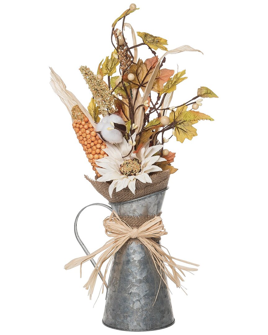 Transpac Metal 19in Multicolored Harvest Rustic Sunflower And Cotton Arrangement In Pitcher In Silver
