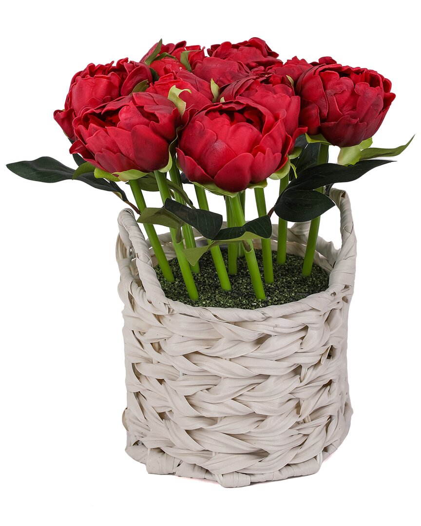 National Tree Company 10in Red Peony Flower Bouquet In White Basket