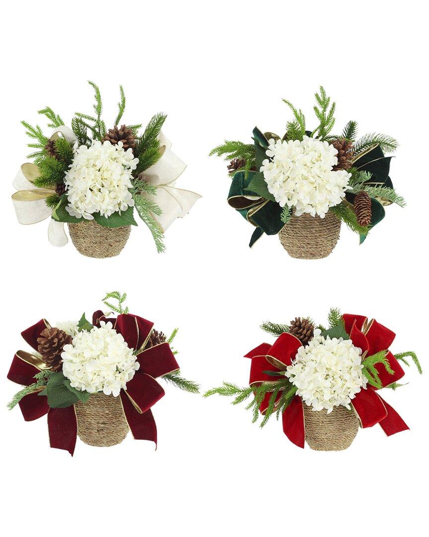 Creative Displays Set Of 4 Christmas Holiday Arrangements With Hydrangeas & Bows In White