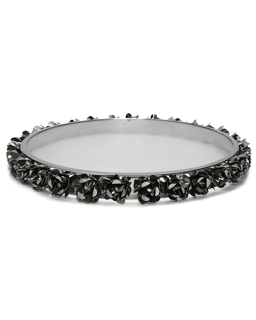Alice Pazkus Glass Round Platter With Silver Flower Border In Black