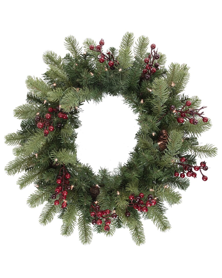 Northern Lights Northlight Pre-lit Noble Fir With Red Berries And Pine Cones Artificial Christmas Wreath - 24in - C In Green