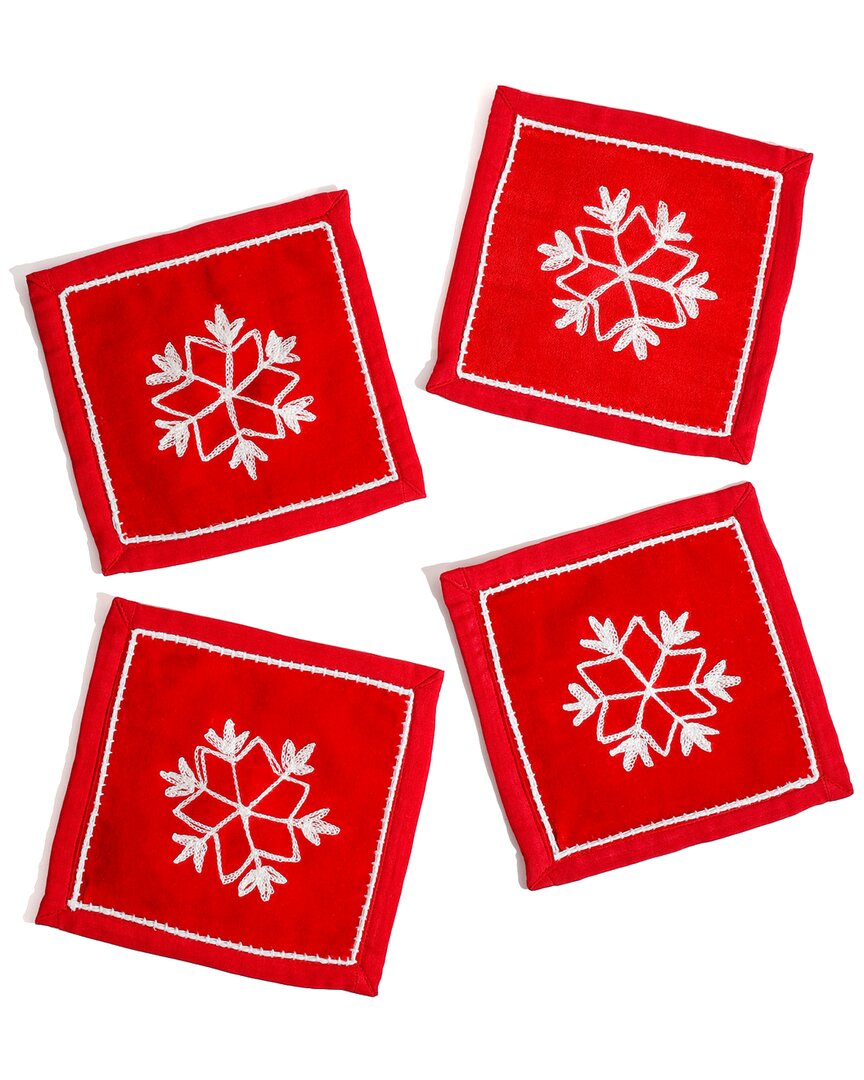Tiramisu Snowflake Sparkle Embroidered Cocktail Napkins In Red