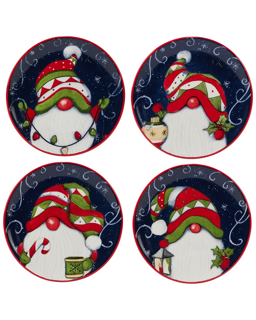 Certified International Holiday Magic Gnomes Set Of 4 Canape Plates In Blue