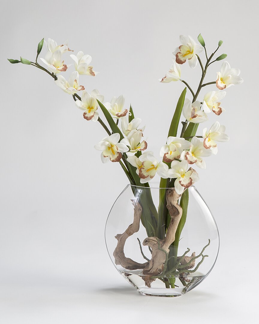 D&w Silks Cream Cymbidium Orchids In Small Glass Pillow Vase