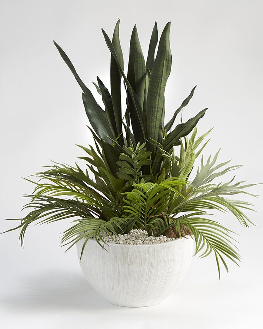 D&w Silks , Inc Mother In Lawfts Tounge With Palm Fronds In White Bowl