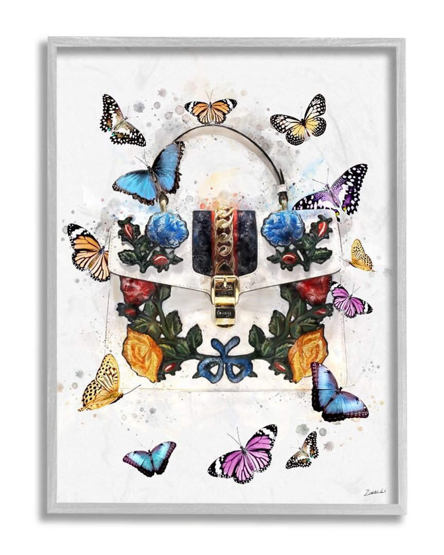 Stupell Fashion Buckle Purse Colorful Butterflies And Floral Wall Art In White