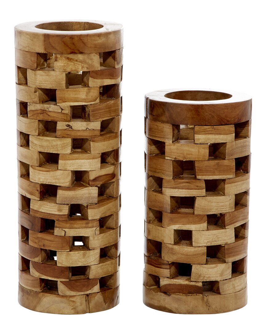 Peyton Lane Set Of 2 Contemporary Cylinder Teak Wood Vase In Brown