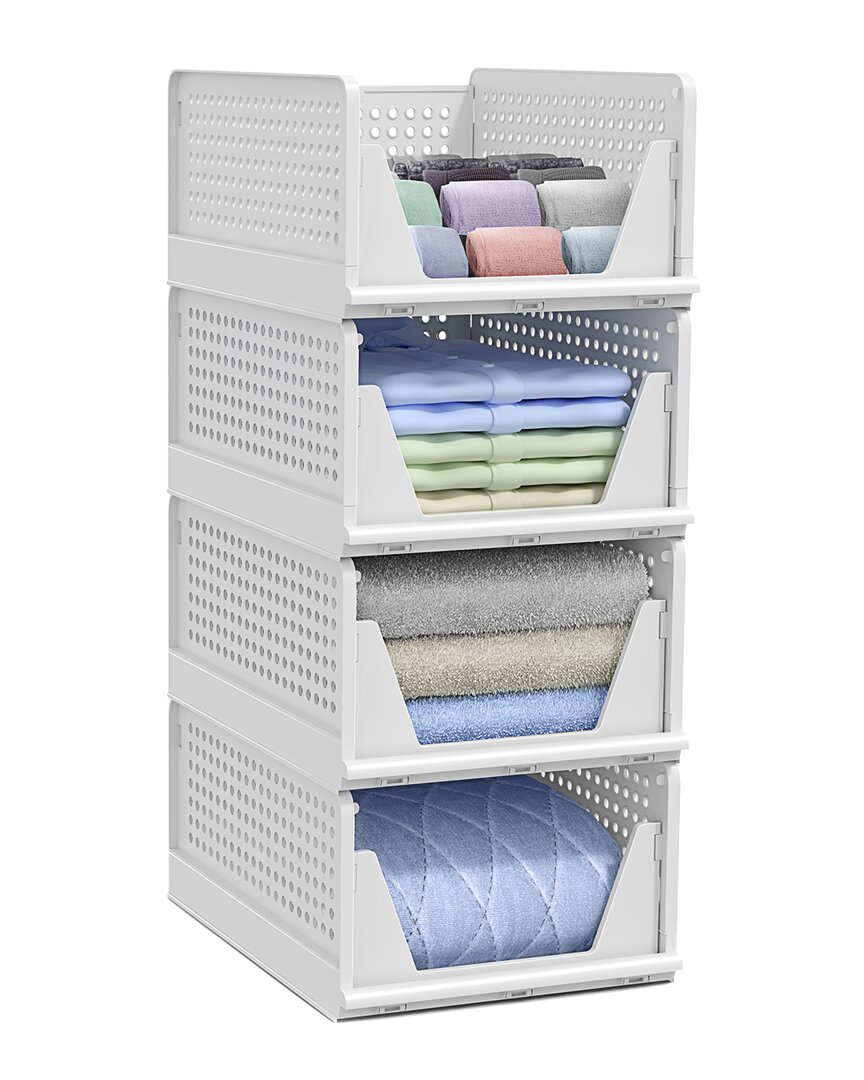Sorbus Medium Foldable Open-front Stackable Plastic Baskets 4-pack In White