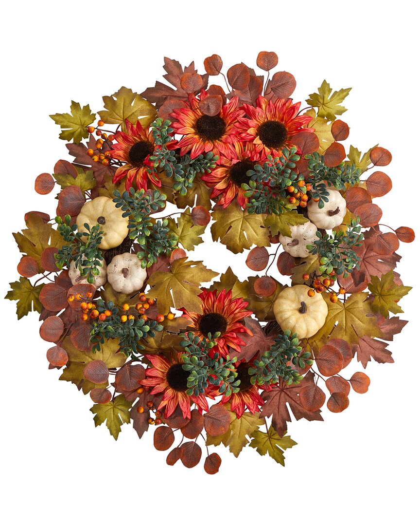 Nearly Natural Fall Acorn, Sunflower, Berries & Autumn Foliage Artificial Wreath 30in Green In Green
