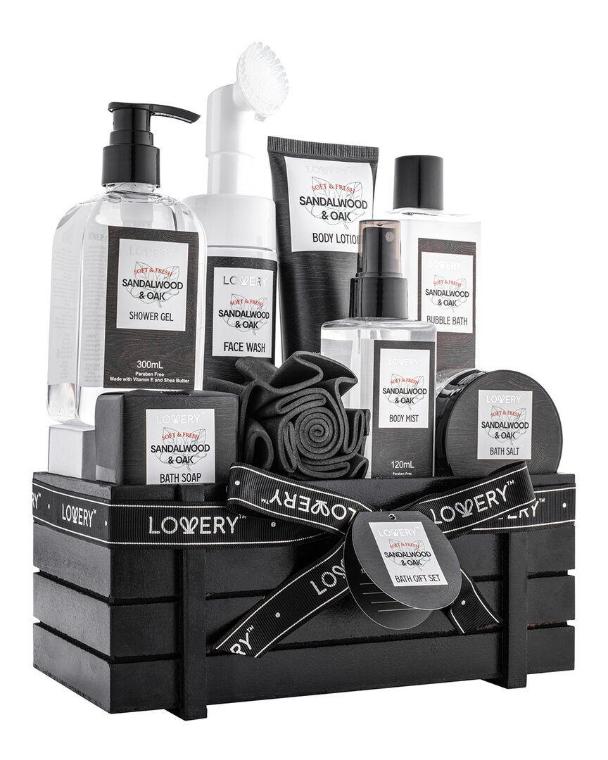 Lovery Luxury Spa Kit For Men, 9pc Sandalwood Oak Bath Gift Set, Selfcare Kit In Black
