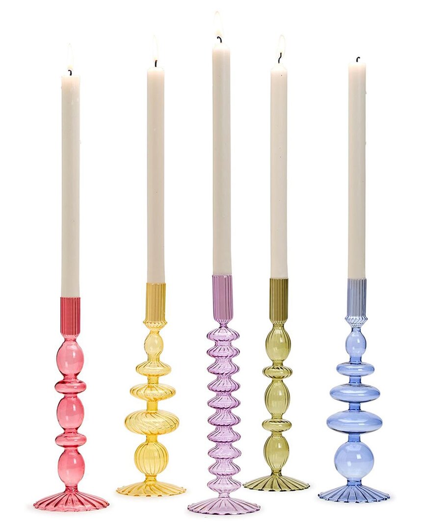 Two's Company Set Of 5 Hand-blown Glass Candleholder In Multicolor