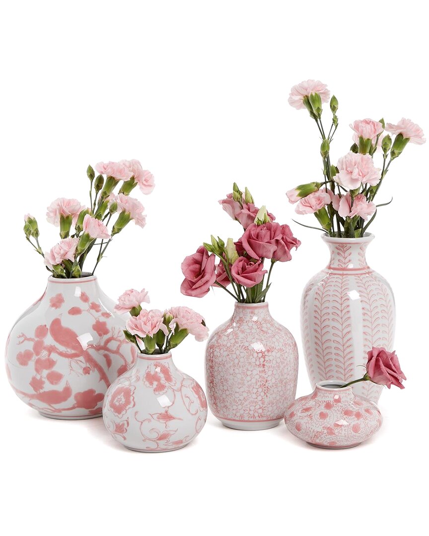 Two's Company Set Of 5 Pink Chinoiserie Vases In Pink