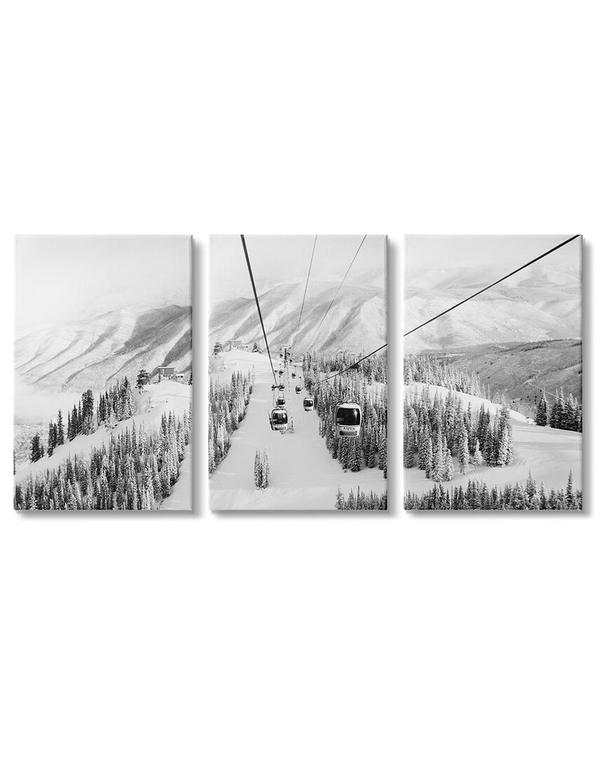 Stupell Industries Snowy Ski Mountain Tops Landscape Gondola Ride Adventure Triptych Stretched Canvas Wall A In White