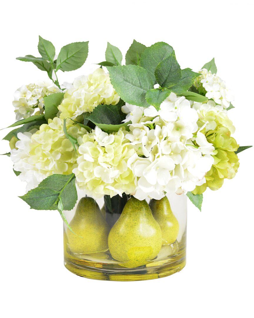 Creative Displays Assorted Hydrangeas, Pears & Acrylic Water In A Glass Round Vase In White
