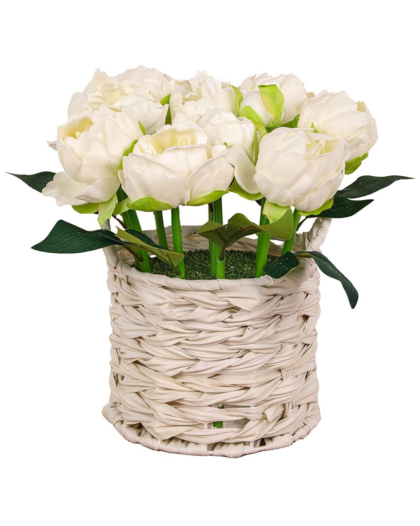 National Tree Company 10in White Peony Flower Bouquet In White Basket