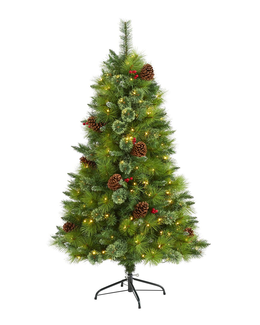 Shop Nearly Natural 5ft Montana Mixed Pine Artificial Christmas Tree With Pine Cones, Berries And Clear L In Green