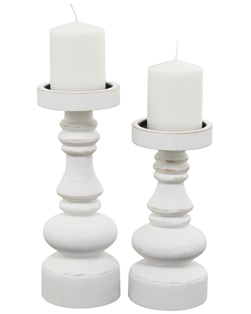 The Novogratz Set Of 2 White Wood Turned Style Pillar Candle Holder