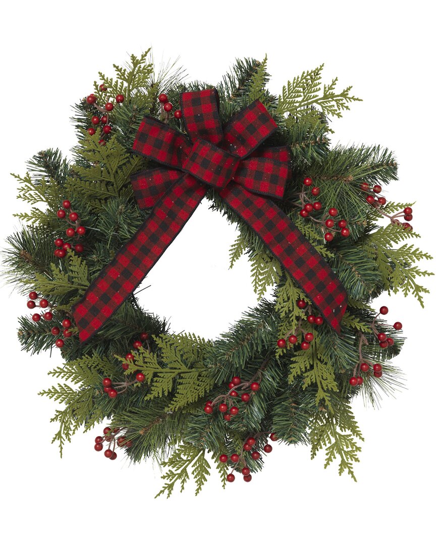 Gerson International 24-in D Pvc Pine Wreath W/ Berries & Bow In Green