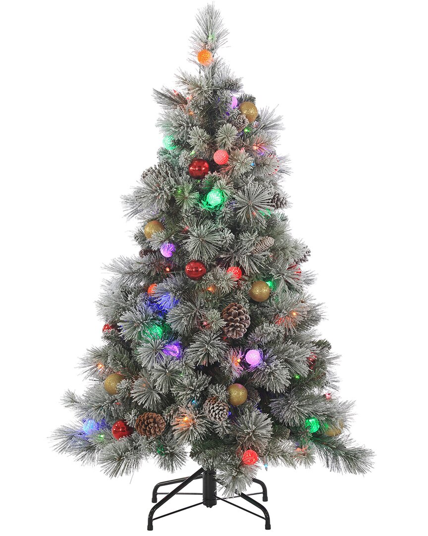 Sterling Tree Company 4.5ft Pre-lit Flocked Hard Needle Pine With Ornaments And 50 G40 Multi-colored Led Glass Bulbs In Green