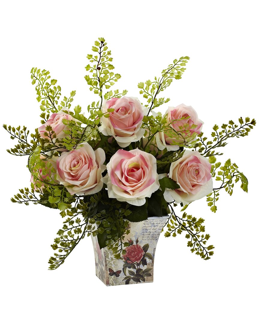 Nearly Natural Rose & Maiden Hair With Floral Planter In Pink