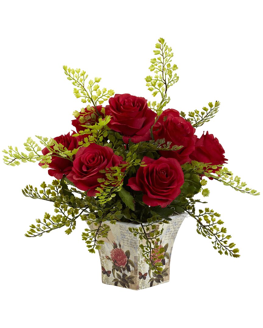 Nearly Natural Rose And Maiden Hair W/floral Planter In Red