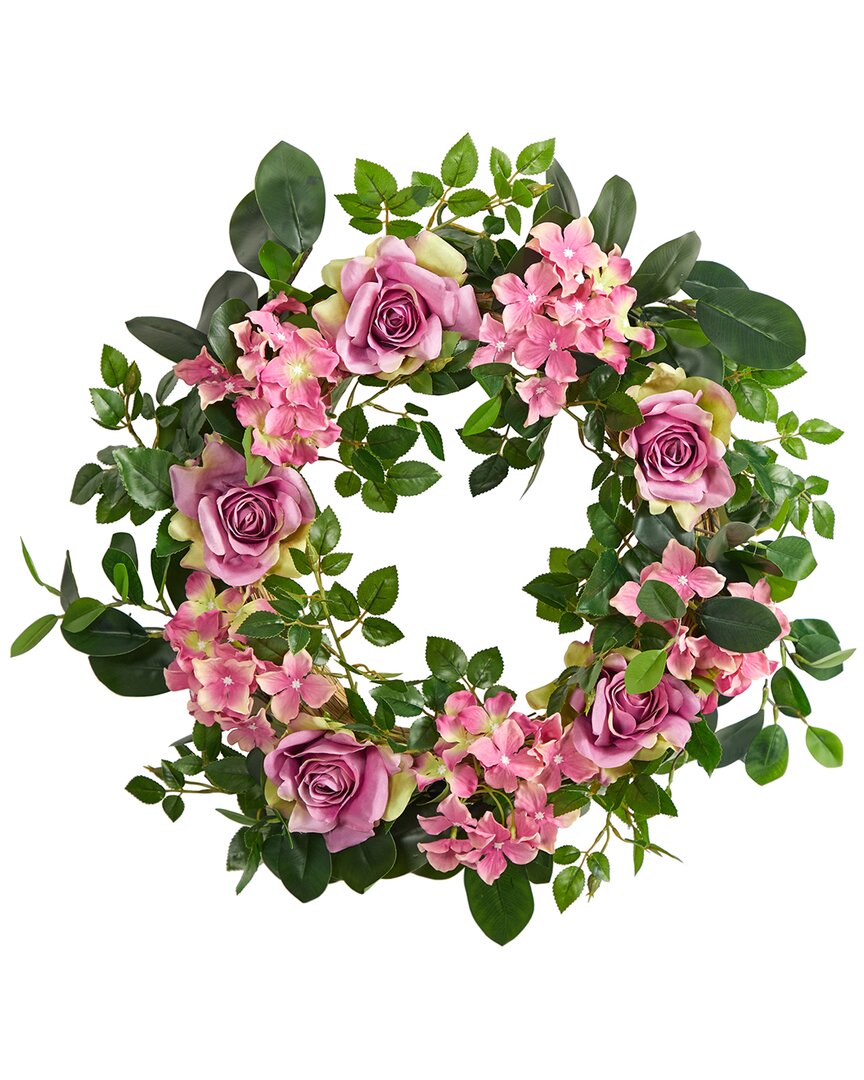 Nearly Natural 22in Pink Hydrangea And Rose Artificial Wreath