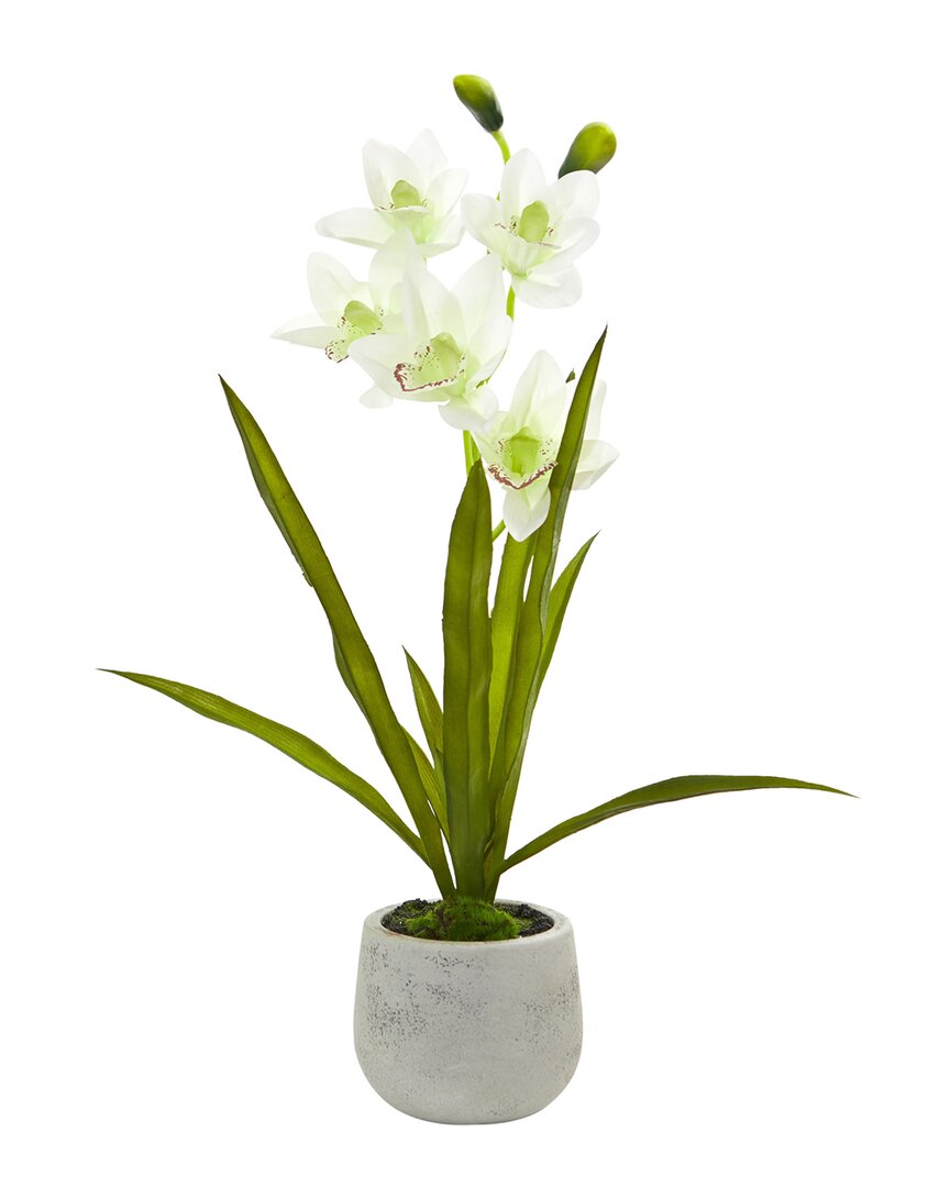 Nearly Natural Cymbidium Orchid Artificial Arrangement In Vase In White