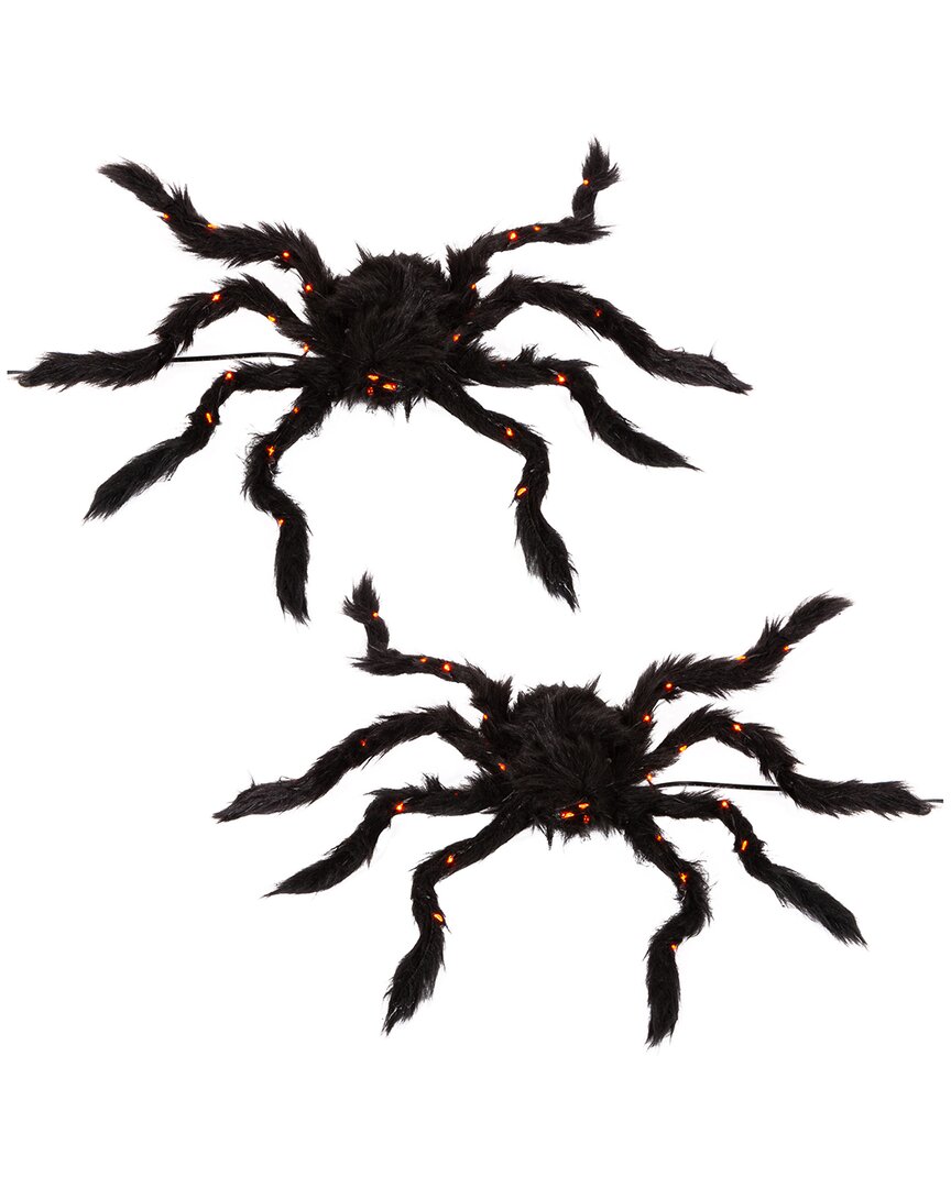 Gerson International Everlasting Glow Set Of Two 19.68 In Fuzzy Spider With Purple Micro Led Lights In Black