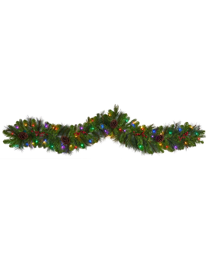 Nearly Natural Colorado Fir Artificial Christmas Garland With 50 Multicolored Led Lights, Berries An In Green