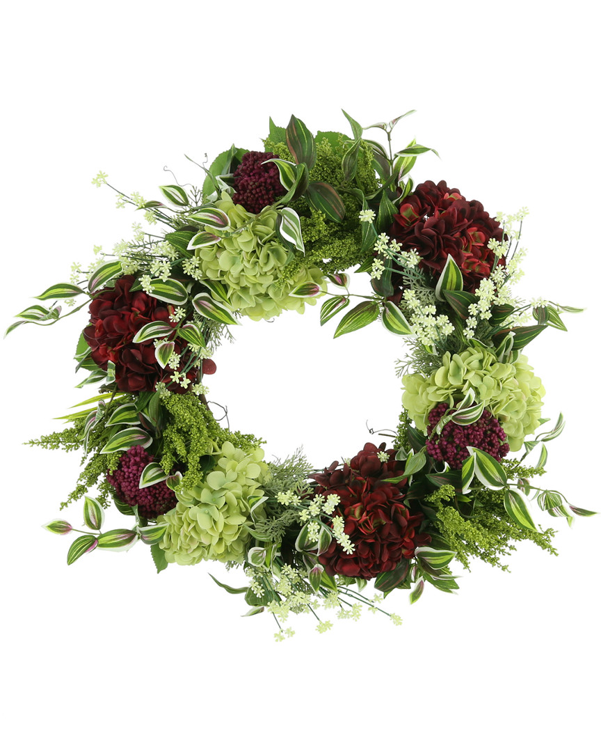 Creative Displays 26in Green And Burgundy Hydrangea, Heather & Ivy Wreath In Multicolor