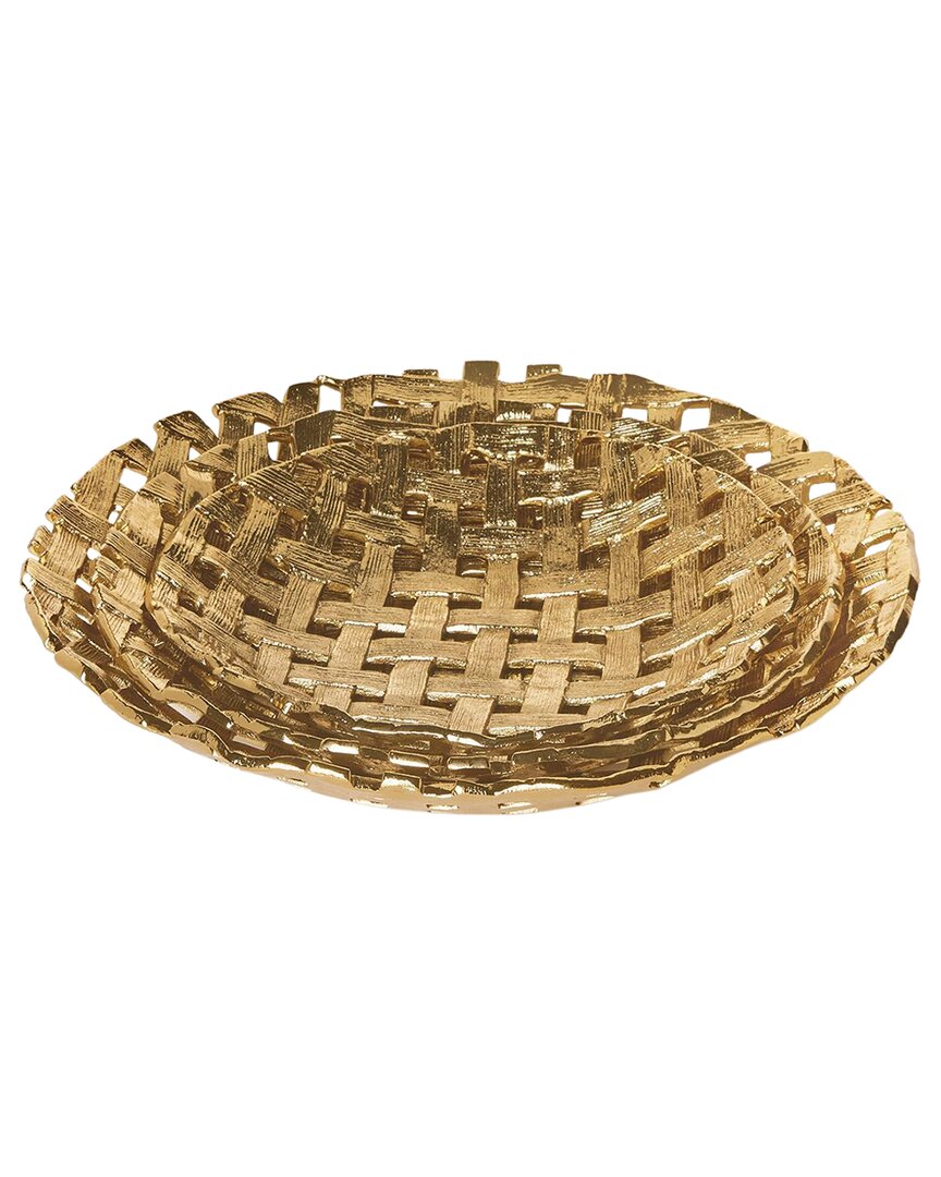Tozai Home Ribbons Set Of 3 Lattice Patterned Trays In Gold