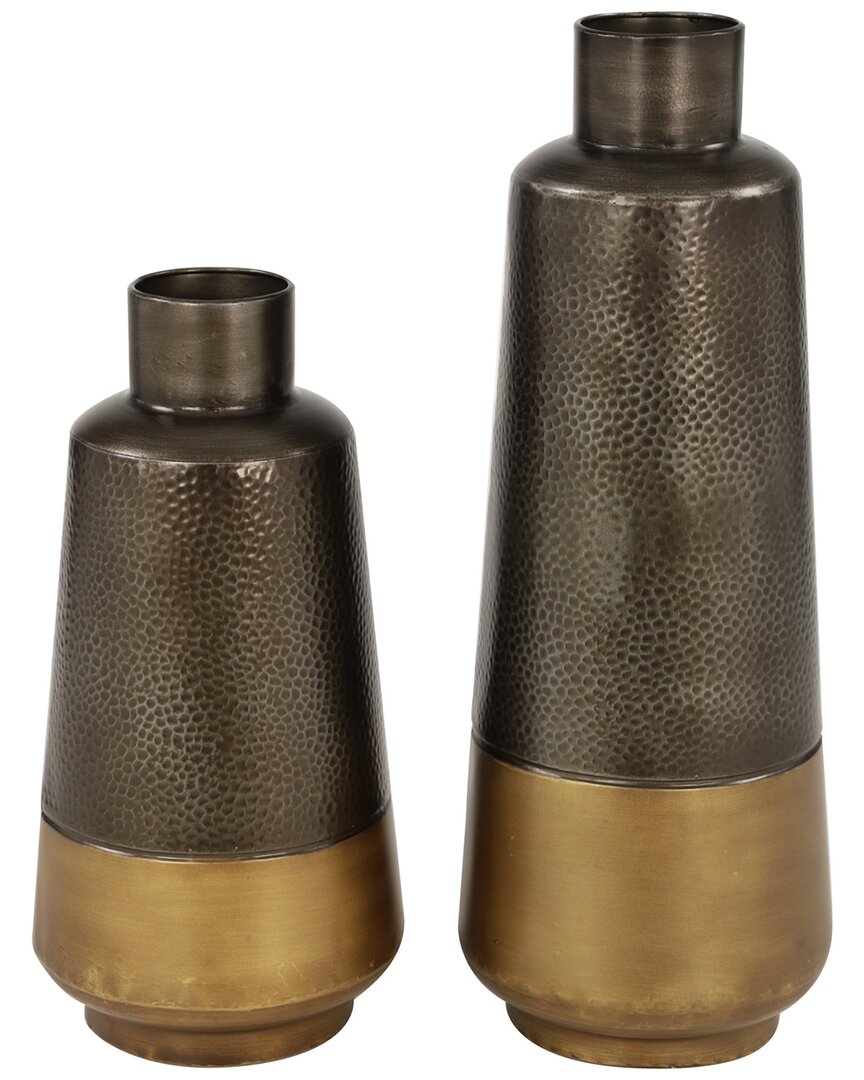 Peyton Lane Set Of 2 Dark Gray Metal Vase With Gold Base In Grey